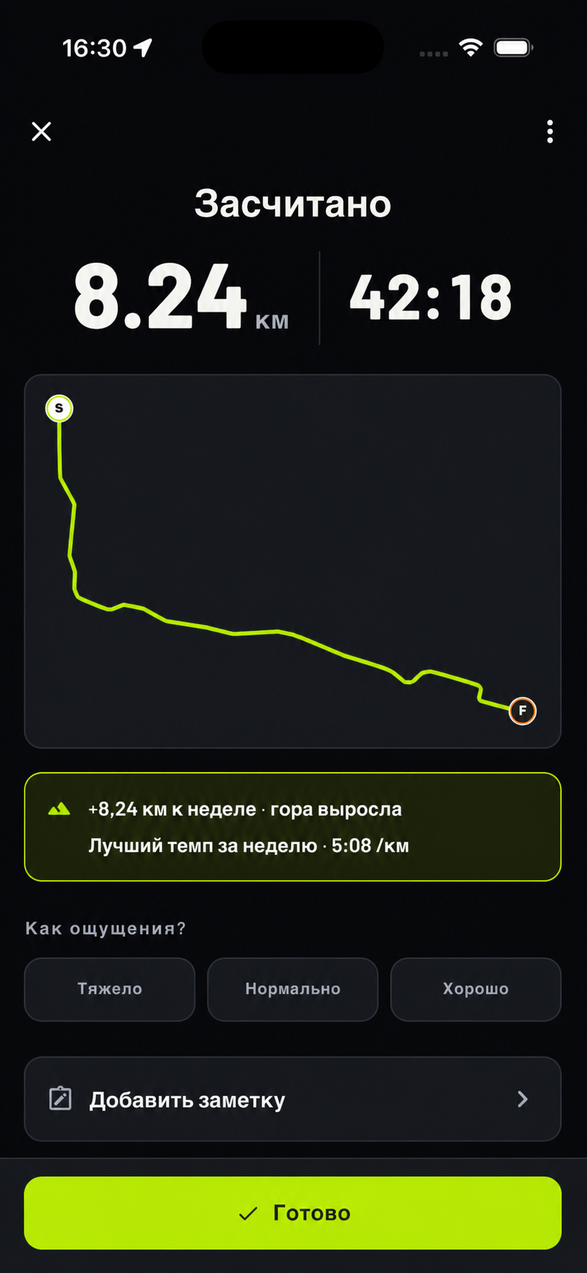 Экран сохранённой тренировки Dopamine: маршрут, дистанция и длительность